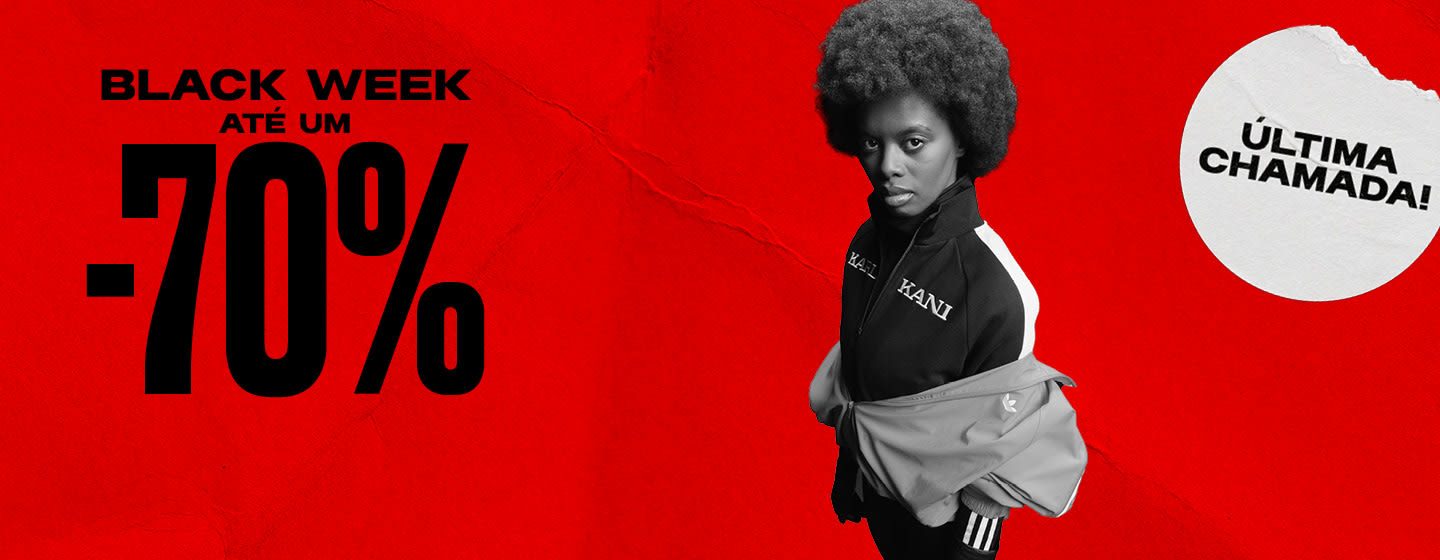 black & white image of model wearing streetwear clothing standing in front of red back ground with text: Black week up to -70%, last call