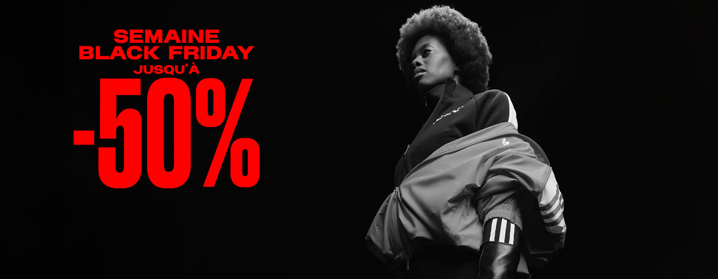 snipes black week image of model wearing jackets standing against black background. Text: black week up to -50%