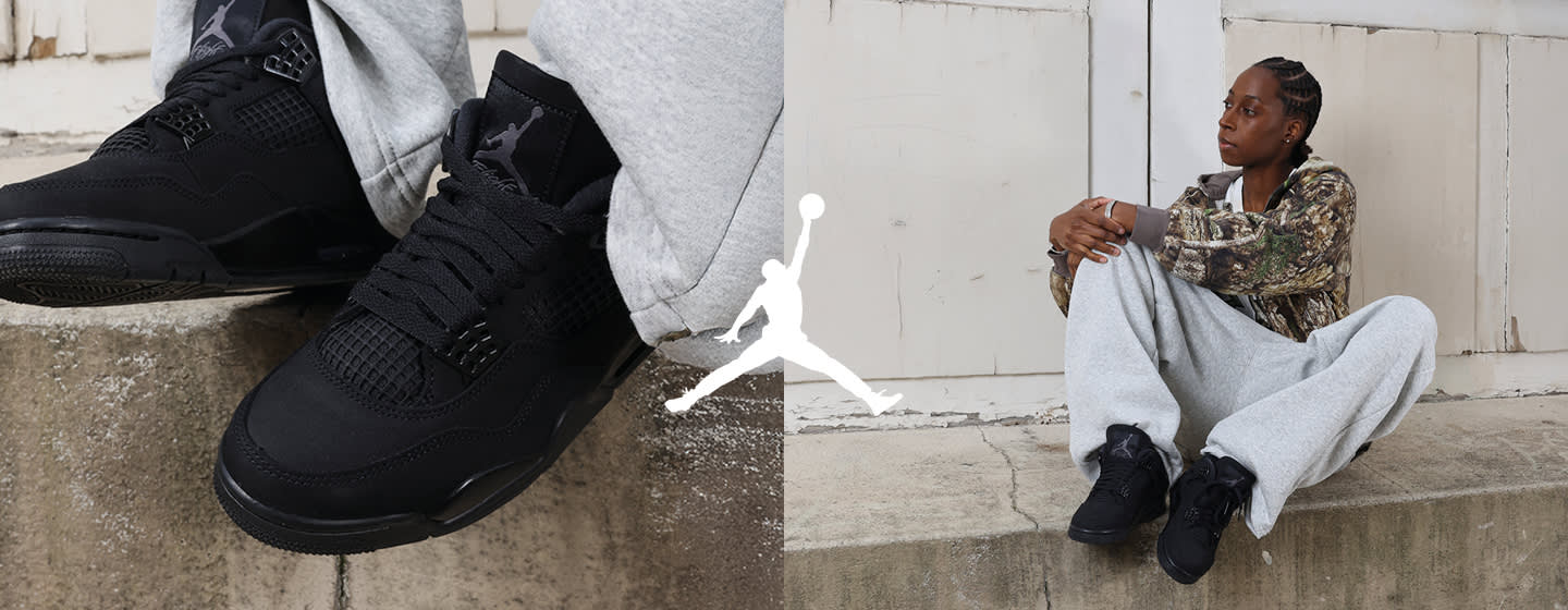 Promotional image for the Air Jordan 4 "Black Cat" sneakers. The left side shows a person wearing the black shoes, while the right side is a close-up of the all-black suede and netting texture of the sneaker.