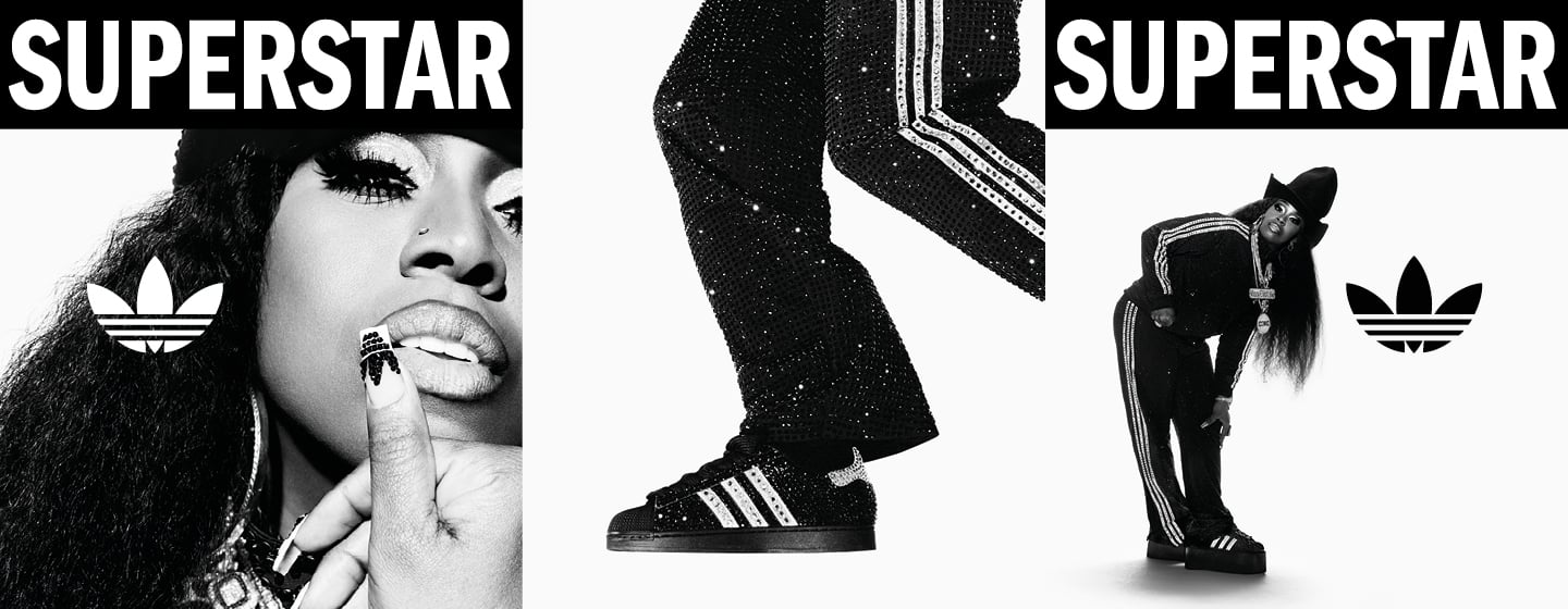 black and white image of rapper Missy Elliot wearing black adidas Superstar II sneakers and black adidas tracksuit
