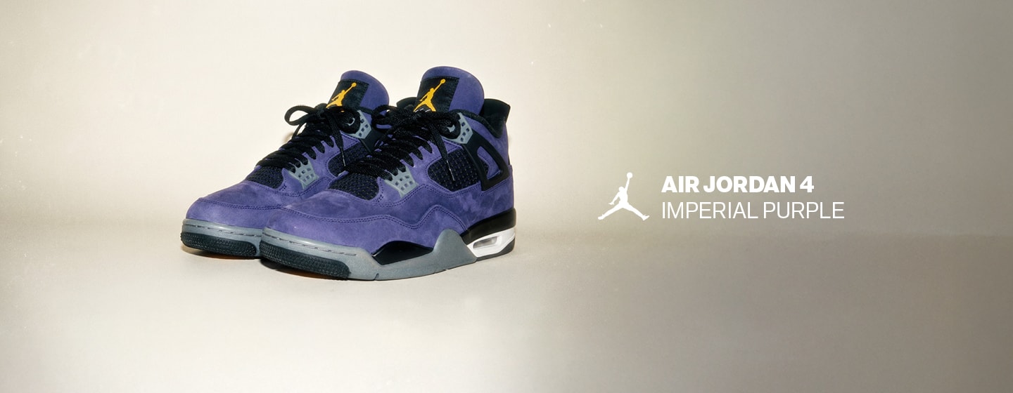 A product showcase of the Air Jordan 4 "Imperial Purple" sneakers. The shoes feature a premium deep purple suede upper, contrasted by black mesh netting on the side panels and tongue. The design includes grey lace eyelets, black laces, and a visible Air-sole unit in the white and black midsole. A signature gold Jumpman logo is prominent on the tongue. The background is a neutral, minimalist cream gradient, accompanied by the Jumpman logo and the text "AIR JORDAN 4 IMPERIAL PURPLE" in a clean, white sans-serif font.