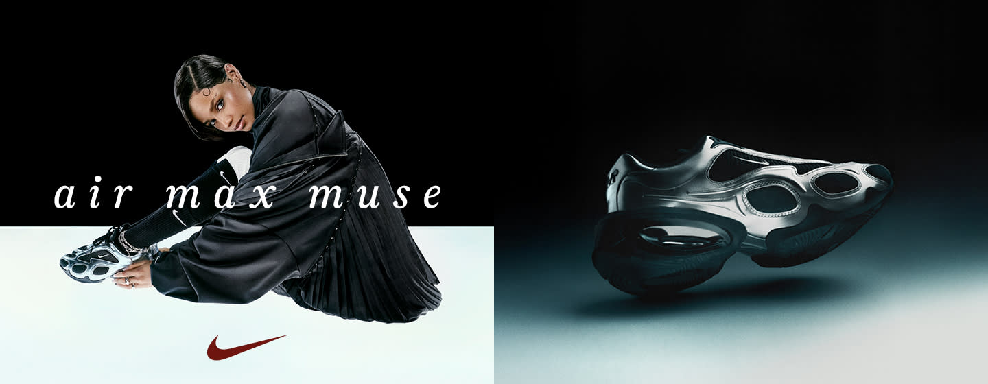 visuals from Nike Air Max Muse campaign: singer Tyla wearing a nike outfit, air max muse shoes and standing in frount of a dark blue background