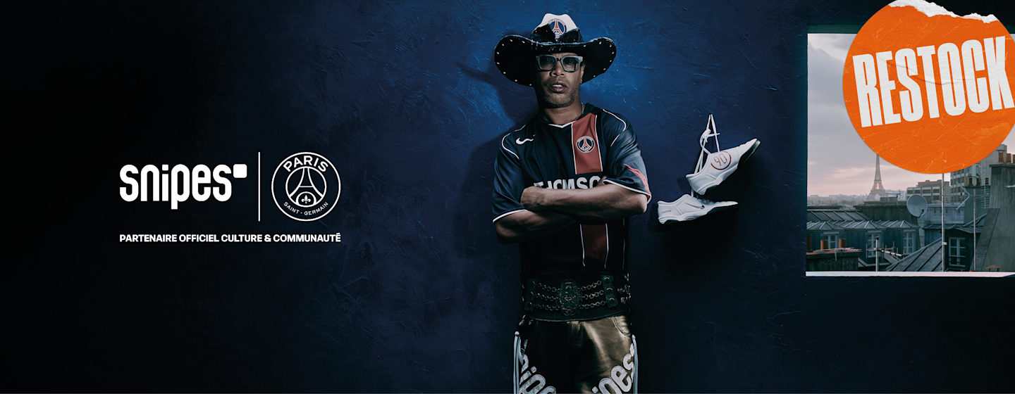 Image of Ronaldinho wearing the PSG Thomson jersey with a cowboy hat and T90's floating in the air and text "Restock"