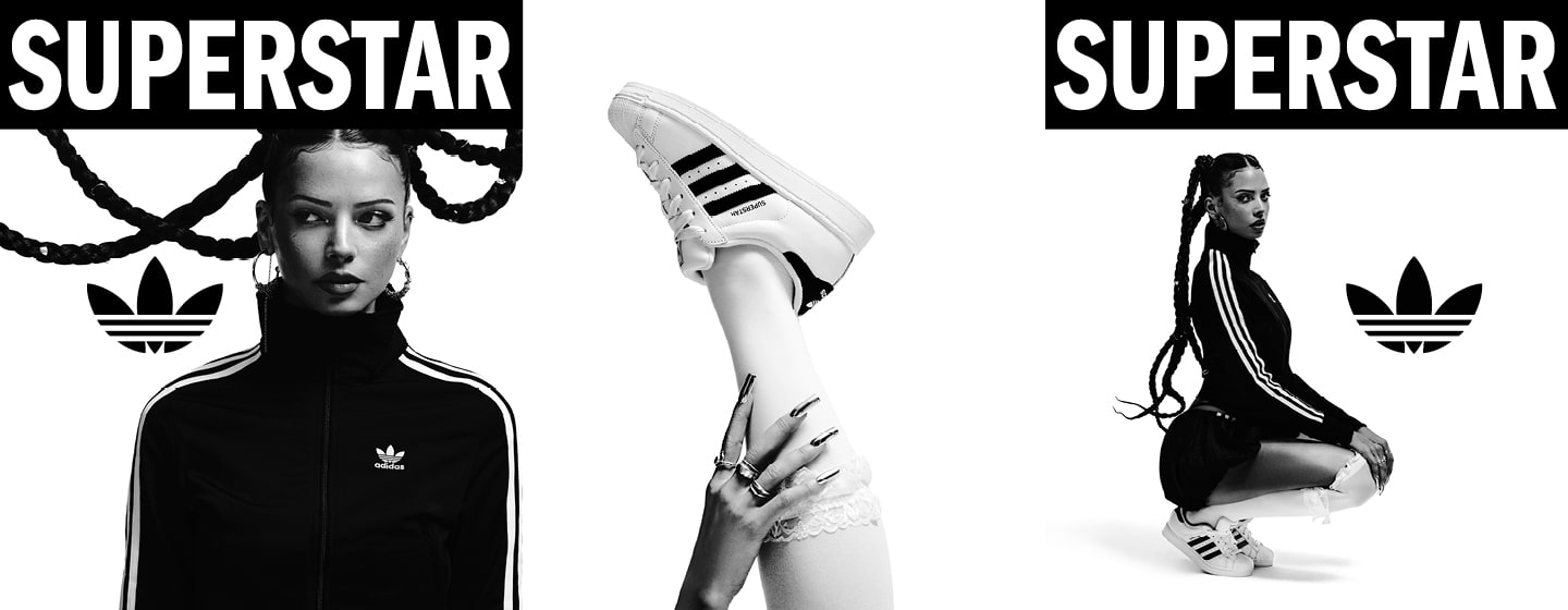 black and white image of athlete Nina Chuba wearing black adidas Superstar II sneakers and black adidas tracksuit