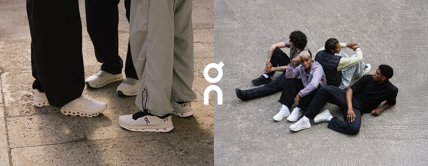 image of models wearing on running shoes while standing and sitting on concrete floors