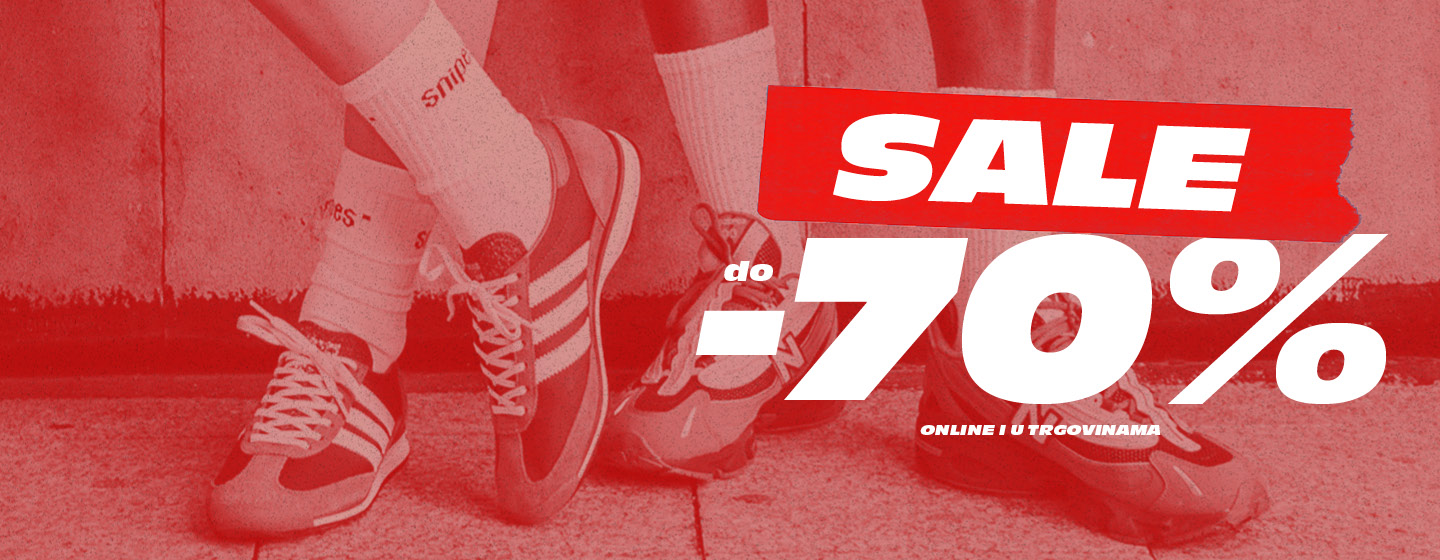 Models standing against concrete wall, wearing adidas and new balance sneakers and streetwear. Text: Summer Sale up to -70%