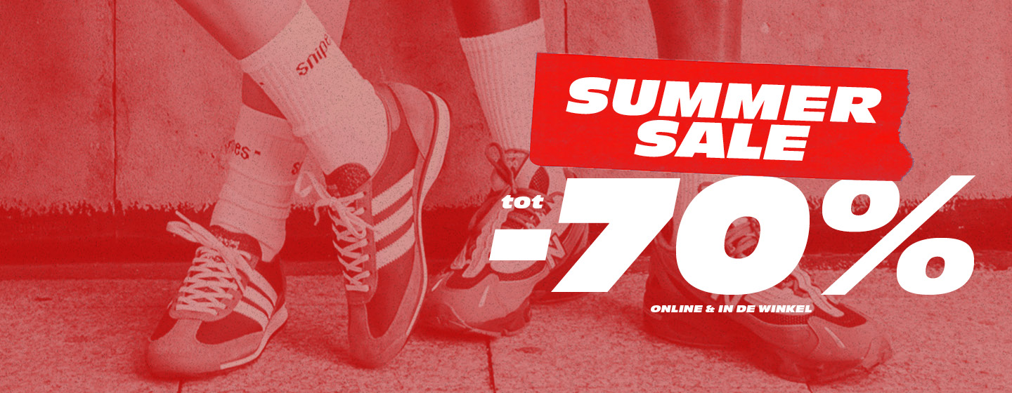 Models standing against concrete wall, wearing adidas and new balance sneakers and streetwear. Text: Summer Sale up to -70%