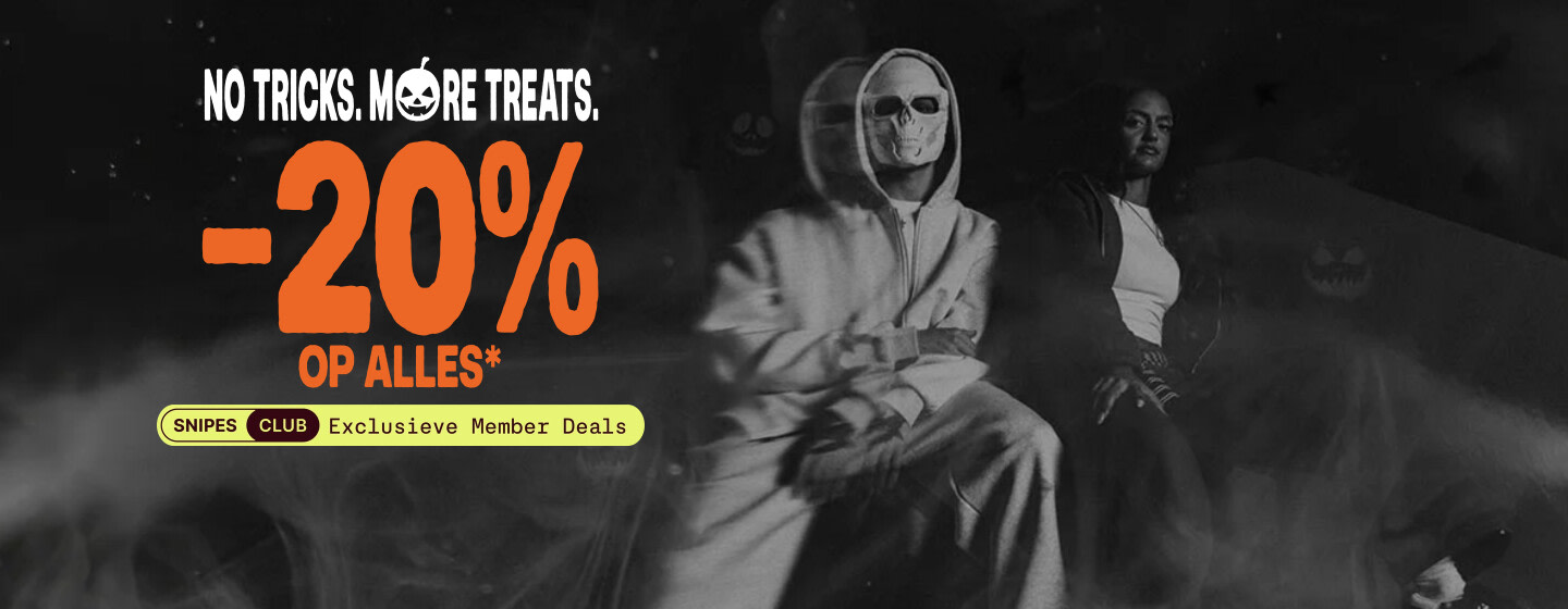 "No Treats. More Treats. -20% on all" text. "Snipes Club" logo and "Exclusive Deals for members only" additional label.  German dancer Avemoves in the background of the image with a female model with a black and white filter 