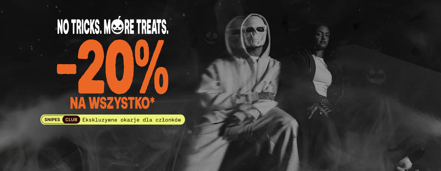 "No Treats. More Treats. -20% on all" text. "Snipes Club" logo and "Exclusive Deals for members only" additional label.  German dancer Avemoves in the background of the image with a female model with a black and white filter 