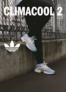 Promotional banner featuring the text "CLIMACOOL 2" in white letters over a photo of someone wearing light blue Adidas sneakers next to a fence. On the right, two men in athletic wear shake hands outdoors near a pier under a clear blue sky. The Adidas Trefoil logo sits in the center.