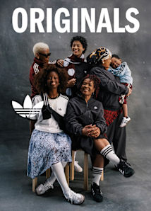 A series of promotional images for Adidas Originals featuring a diverse group of people, including families and friends, posing in a studio setting. They are wearing various Adidas apparel such as tracksuits, t-shirts, and sneakers, showcasing the classic three-stripe design and trefoil logo. The images carry the bold text "ORIGINALS" and "THE ORIGINAL" against a neutral, textured grey background, highlighting themes of connection, heritage, and individual style.