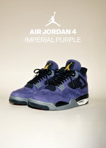 A product showcase of the Air Jordan 4 "Imperial Purple" sneakers. The shoes feature a premium deep purple suede upper, contrasted by black mesh netting on the side panels and tongue. The design includes grey lace eyelets, black laces, and a visible Air-sole unit in the white and black midsole. A signature gold Jumpman logo is prominent on the tongue. The background is a neutral, minimalist cream gradient, accompanied by the Jumpman logo and the text "AIR JORDAN 4 IMPERIAL PURPLE" in a clean, white sans-serif font.