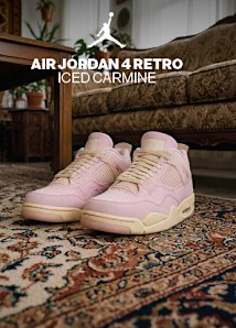 A banner for the Air Jordan 4 Retro "Iced Carmine," featuring a pair of soft pink suede sneakers sitting on a vintage Persian-style rug in a living room. The shoes have cream-colored laces, mesh panels, and midsoles. On the left side, the white Jumpman logo is displayed alongside the text "AIR JORDAN 4 RETRO ICED CARMINE" in bold white capital letters.