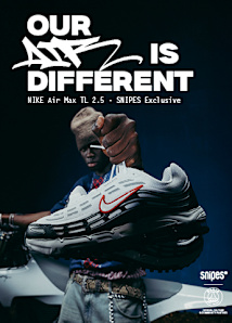 A promotional poster featuring a person holding up a white and gray Nike Air Max TL 2.5 sneaker with a red swoosh, standing in front of a motorcycle. Bold text at the top reads, "OUR AIR IS DIFFERENT," followed by "NIKE Air Max TL 2.5 - SNIPES Exclusive." The SNIPES logo and other branding appear at the bottom.