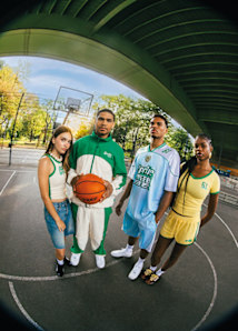group of young people on basketball court wearing sprite x snipes collection items