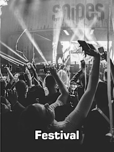 Black and white picture with crowd at concert with text: Festival