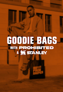 image of model sitting on brick wall and holding up a goodie bag with text: goodie bags + logos from Prohibited and Stanley