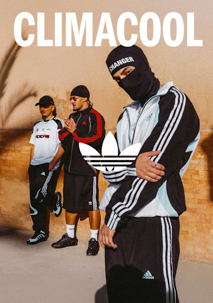 Three guys standing wearing adidas with the sentence climacool