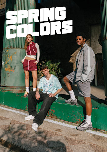 Two guys and a girl wearing spring streetwear outfits spring spring colors on it