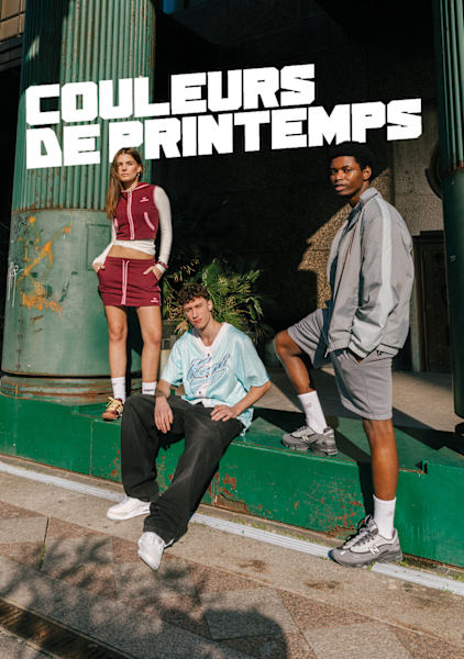Two guys and a girl wearing spring streetwear outfits spring spring colors on it
