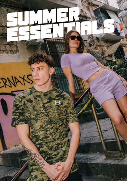 Young people in urban setting wearing summer clothing and shoes - with text Summer Essentials