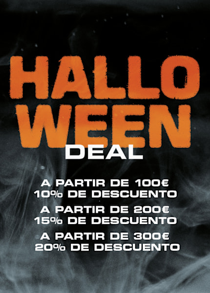 Graphic with a 'Halloween Deal' promotion offering tiered discounts: 10% off for purchases over 100€, 15% off for purchases over 200€, and 20% off for purchases over 300€.