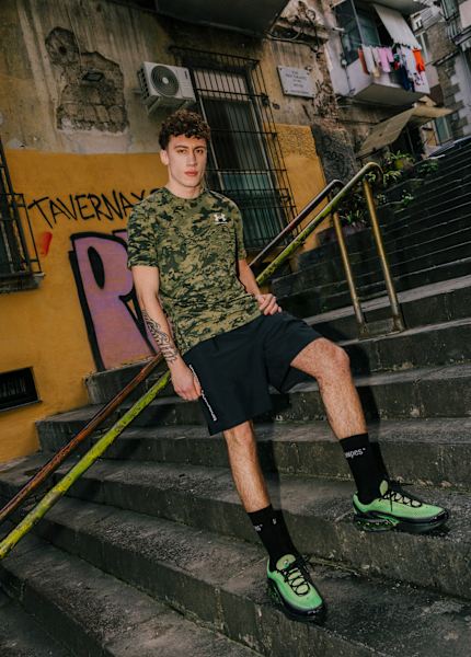 Young people in urban setting wearing summer clothing and shoes