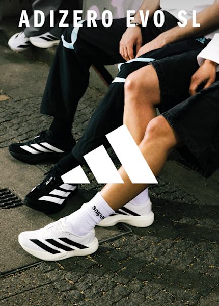 models in urban environment wearing adidas adizero Evo SL sneakers. The image shows the adidas three stripes logo at the center. 