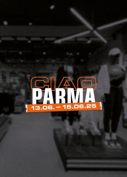 dark background of SNIPES Parma store with text ciao Parma 13 june - 15 june