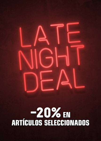 Dark red bacgkround with red neon light text 'Late Night Deal' -20% of selected items