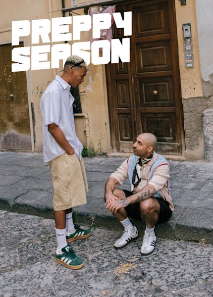 Male models in urban environment wearing preppy style streetwear - text "Preppy Season"