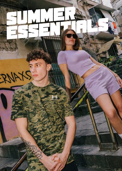 Young people in urban setting wearing summer clothing and shoes - with text Summer Essentials