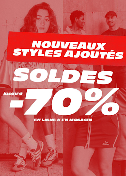 Promotional poster for a summer sale at Snipes featuring four young adults wearing casual sportswear. The text reads: “NOUVEAUX ARTICLES AJOUTÉS” (New items added), “SOLDES jusqu’à -70 %” (Sale up to -70%), “EN LIGNE & EN MAGASIN” (Online & in-store). The image has a red overlay and bold white lettering.