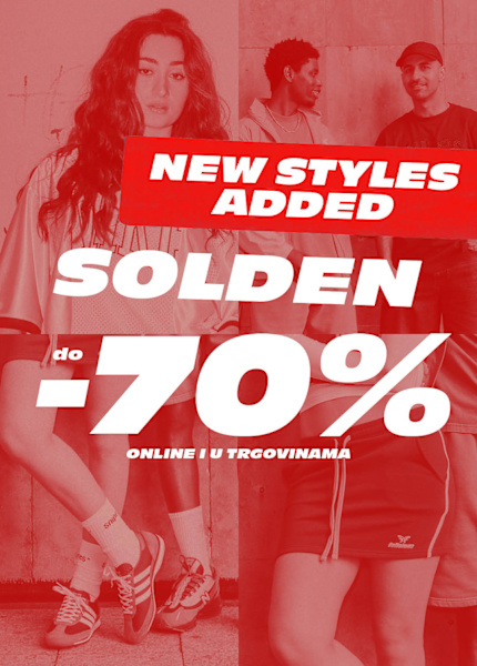 Promotional poster for a summer sale at Snipes featuring four young adults wearing casual sportswear. The text reads: “DODANI NOVI ARTIKLI” (New items added), “SNIŽENJE do -70%” (Sale up to -70%), “ONLINE I U TRGOVINI” (Online & in-store). The image has a red overlay and bold white lettering.