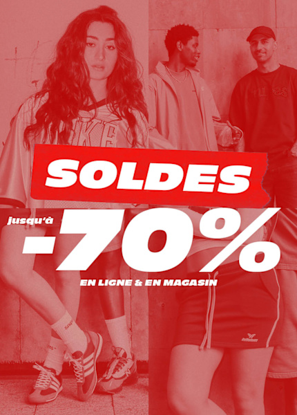 Background with models wearing summer summer clothing and sneakers – text: Sale Up to -70% online and in-store