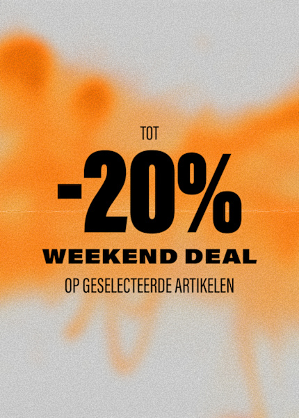 Promotional graphic with an orange abstract background and bold black text that reads: 'Bis zu -20% Weekend Deal auf ausgewählte Artikel,' indicating up to 20% off on selected items for a weekend sale.