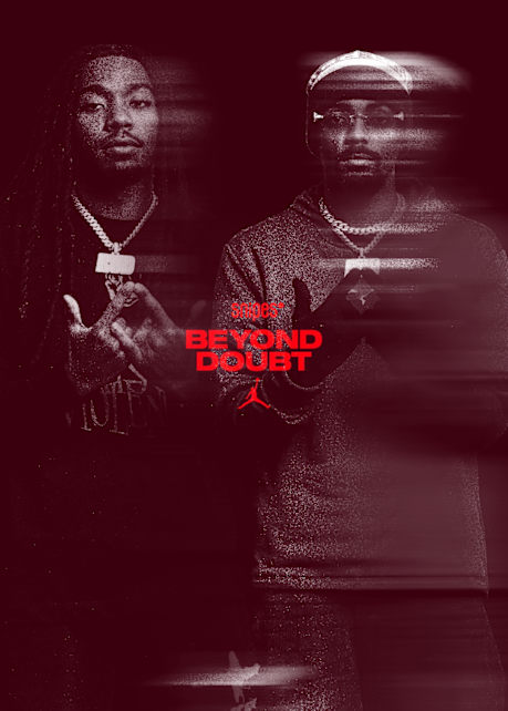 beyond doubt teaser : two guys in the background + a red text "SNIPES Beyond Doubt" and Jordan logo