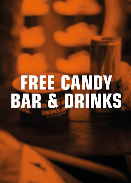 Bag of candy and energy drink standing on counter top with text "free candy bar & drinks"