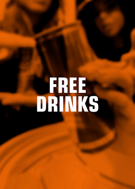 blurred image of people toasting with drinks, overlaid with 'FREE DRINKS' text
