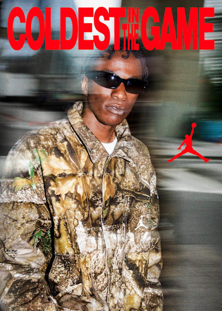 models wearing jordan autumn style streetwear apparel and sunglasses. text: Coldest in the game