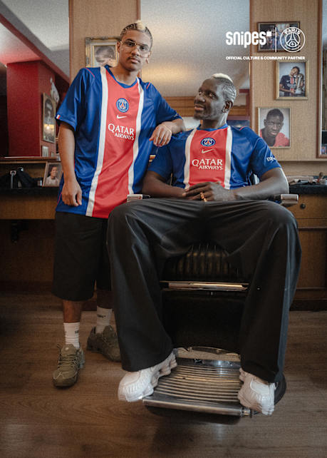 male models wearing PSG Home kit 26/27 jersey at the barber shop