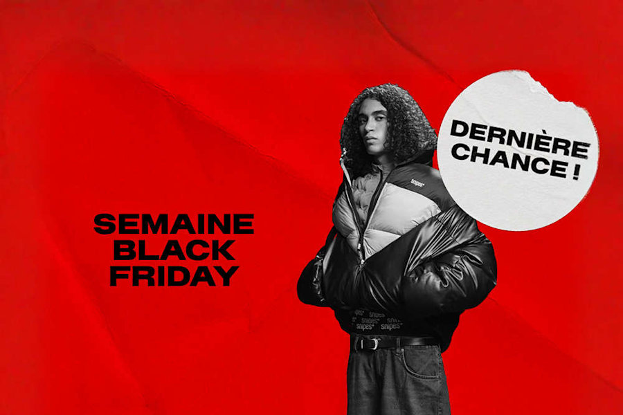 black & white image of model wearing streetwear clothing standing in front of red back ground with text: Black week up to -70%, last call