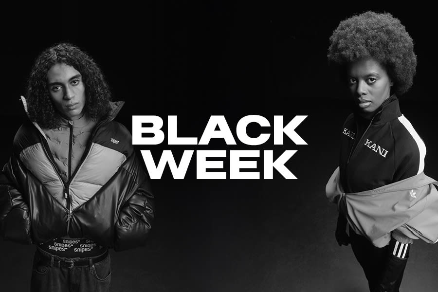 Black Week : female and male models in black and white filter over a black background