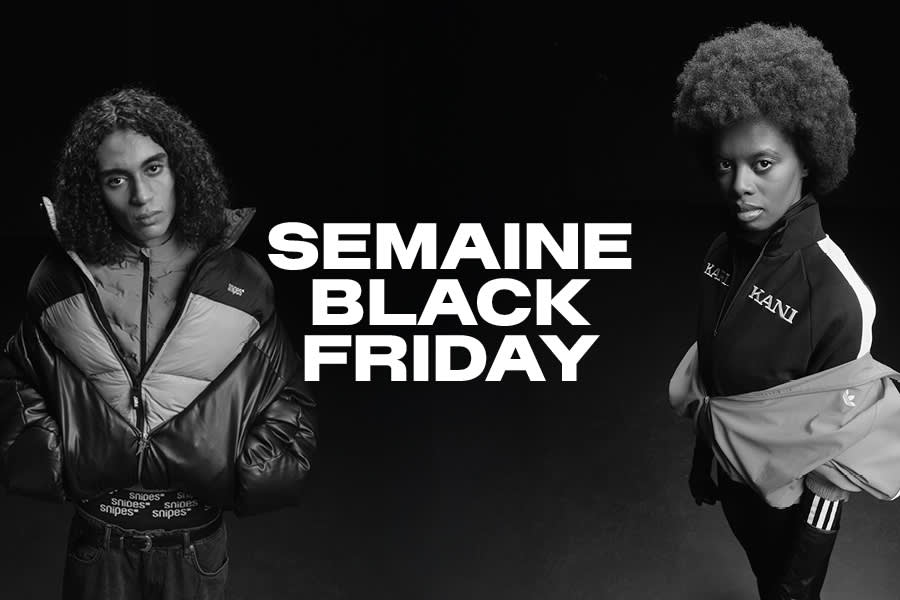 Black Week : female and male models in black and white filter over a black background