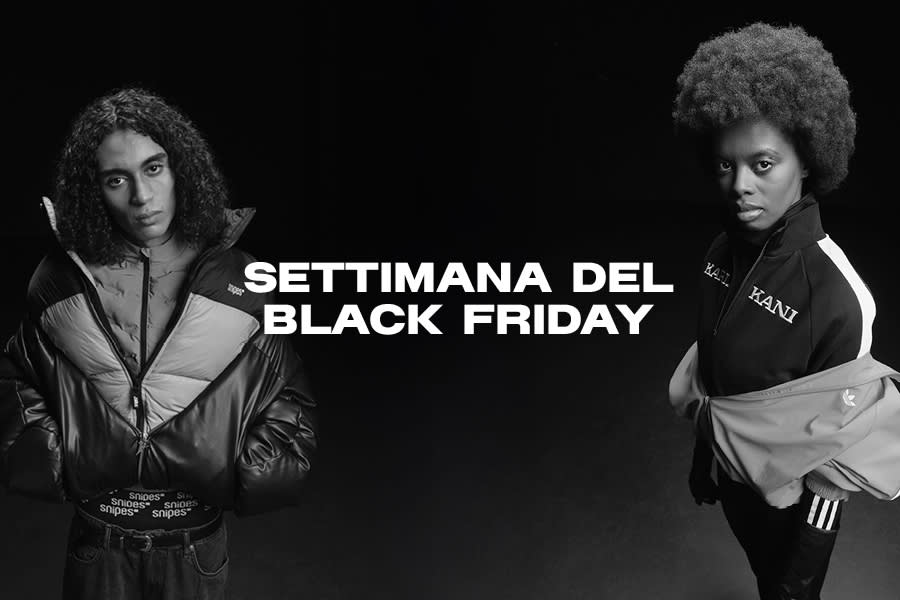 Black Week : female and male models in black and white filter over a black background