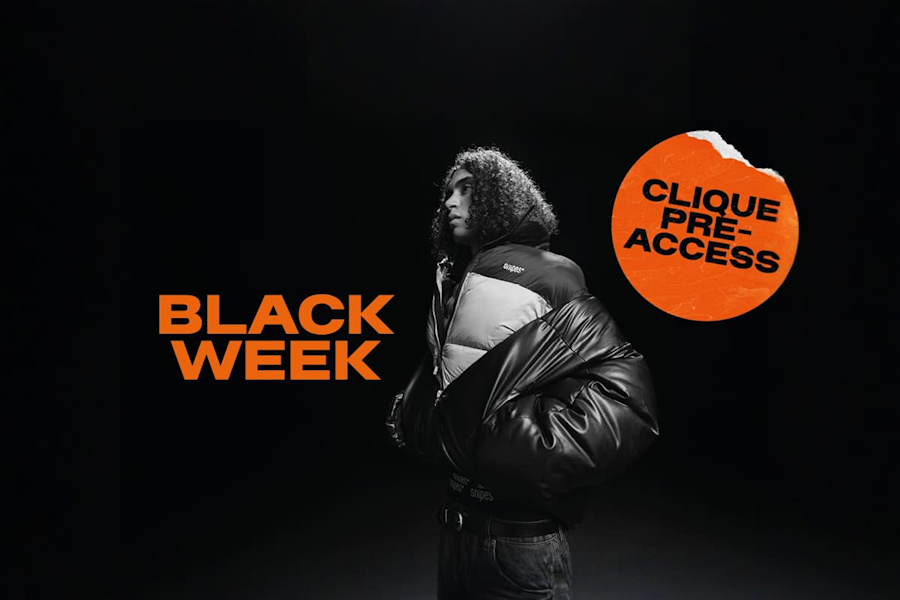 snipes black week pre-access images of male and female models wearing streetwear clothing, sneakers and more