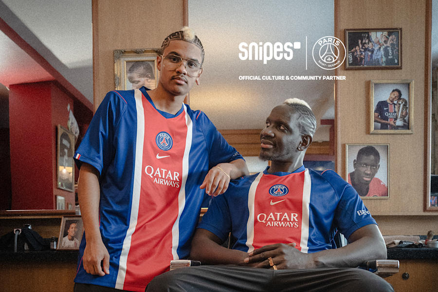 male model and Sakho football player wearing PSG jerseys home kit 26/27