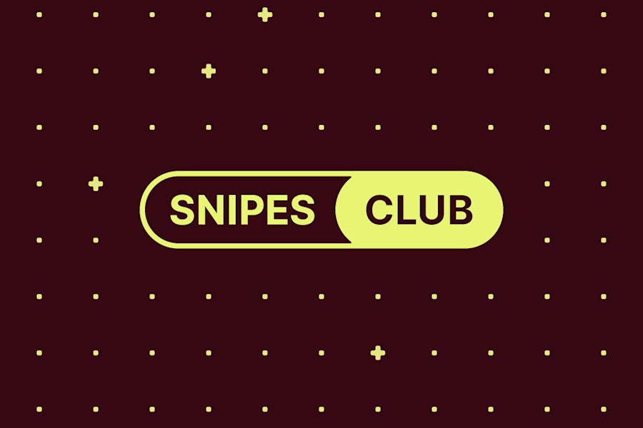 Snipes Club logo on a burgundy background with white plus icons 