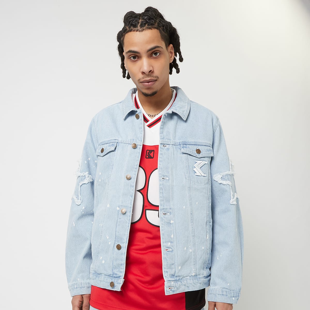 Paintsplatter Denim Trucker Jacket, Karl Kani, Apparel, en bleu, taille: XS