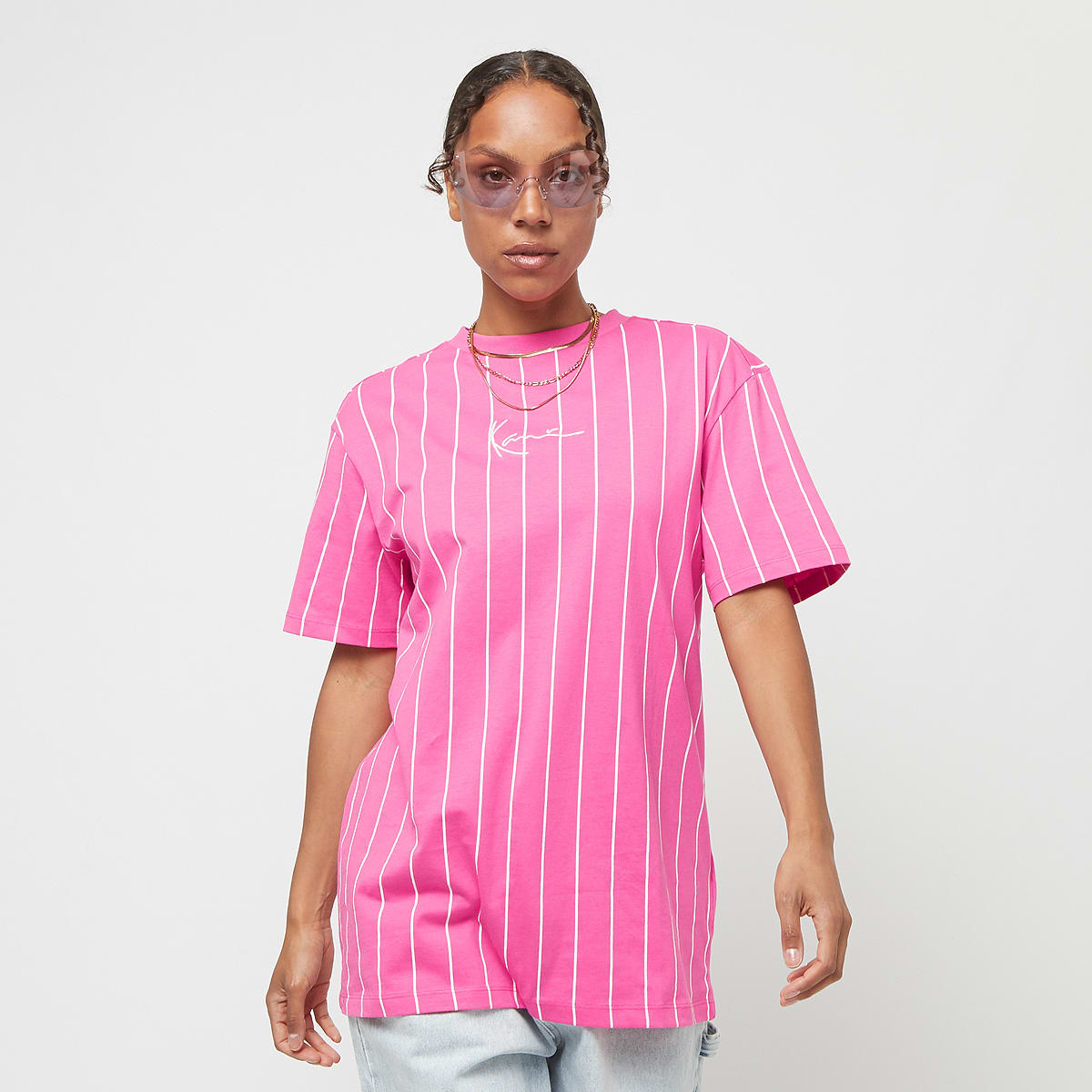 Karl Kani Small Signature Essential Pinstripe Oversized Tee T-Shirts & Polo's in lichtroze formaten: XS